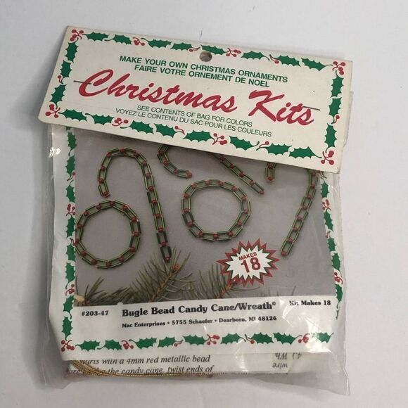 vintage merri mac christmas kit bugle bead candy cane/ wreath makes 18 red green - Picture 1 of 5